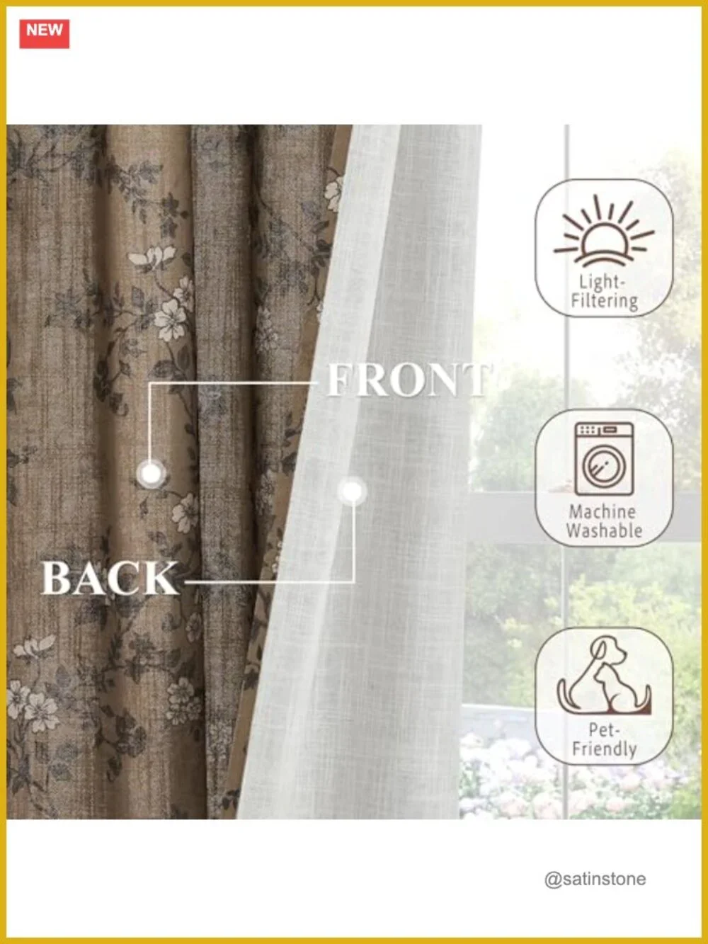 Floral Vintage Farmhouse Linen Curtains Light Filtering Privacy Drapes Backtab